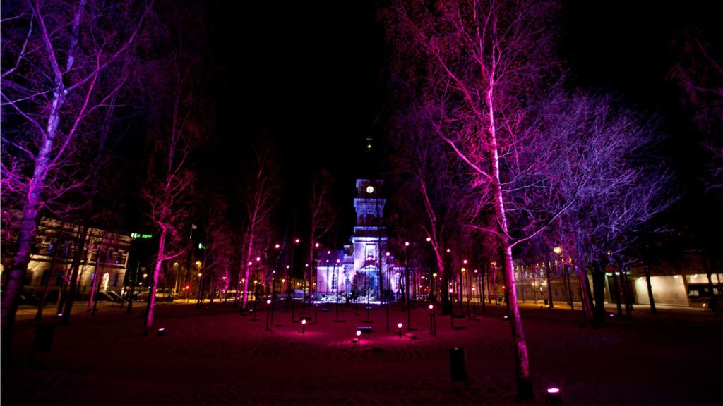 Oulun Franzenin puiston valaistuja puita, joiden taustalla valaistu Oulun tuomiokirkko